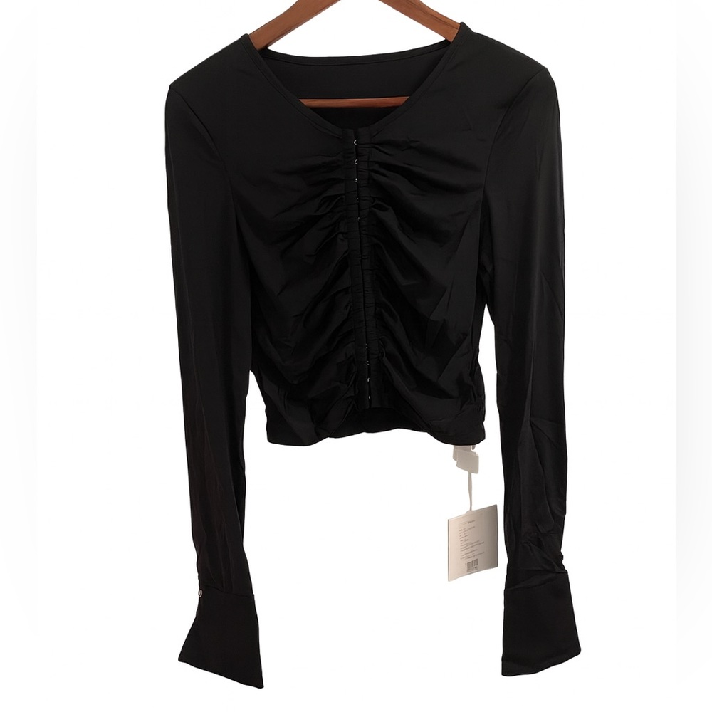 Women’s Long Sleeve Ruched Front Crop Top – Slim Fit Elegant Blouse Size M